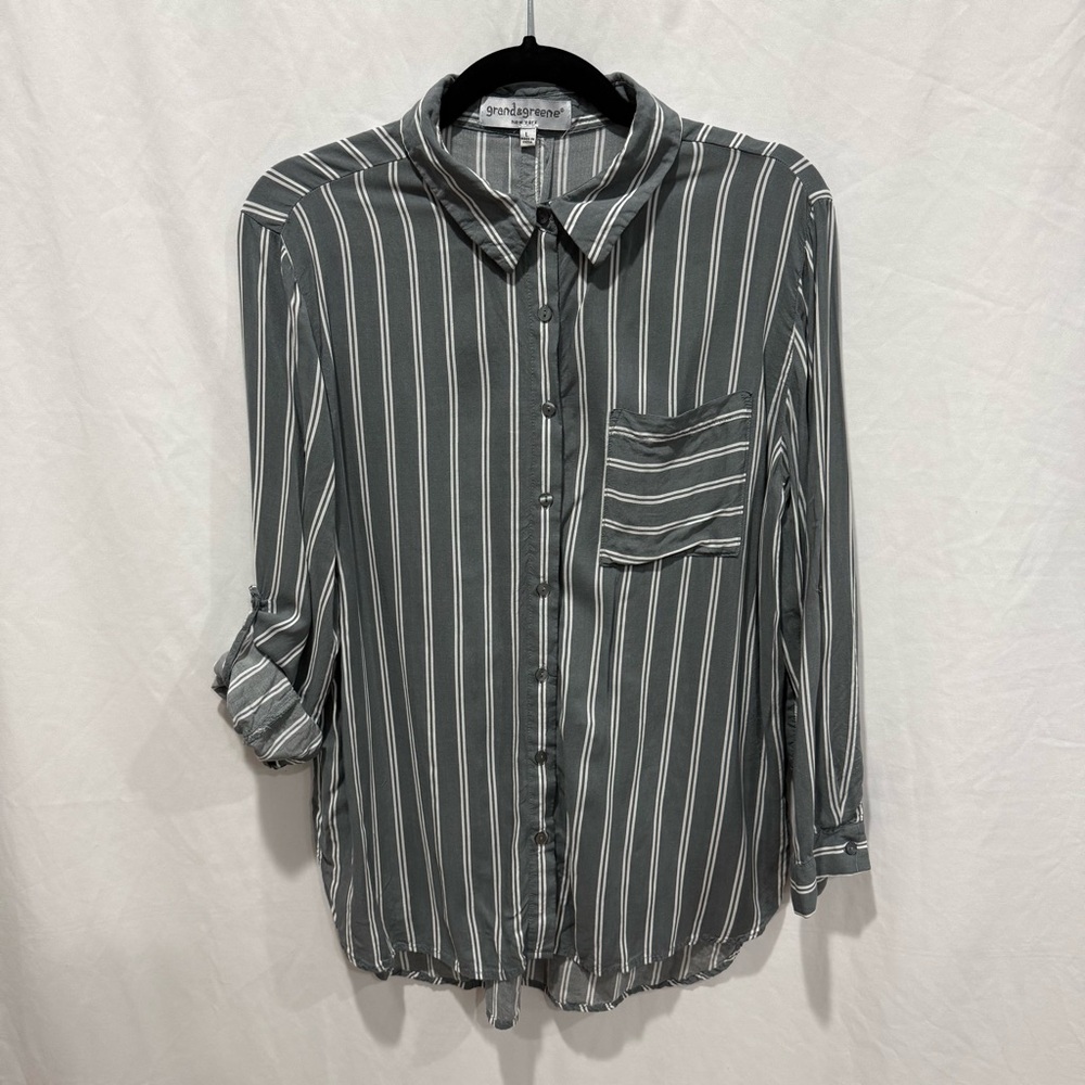 Grand & Greene Striped Button Down Blouse Roll Tab Sleeve Rayon Shirt Large Work